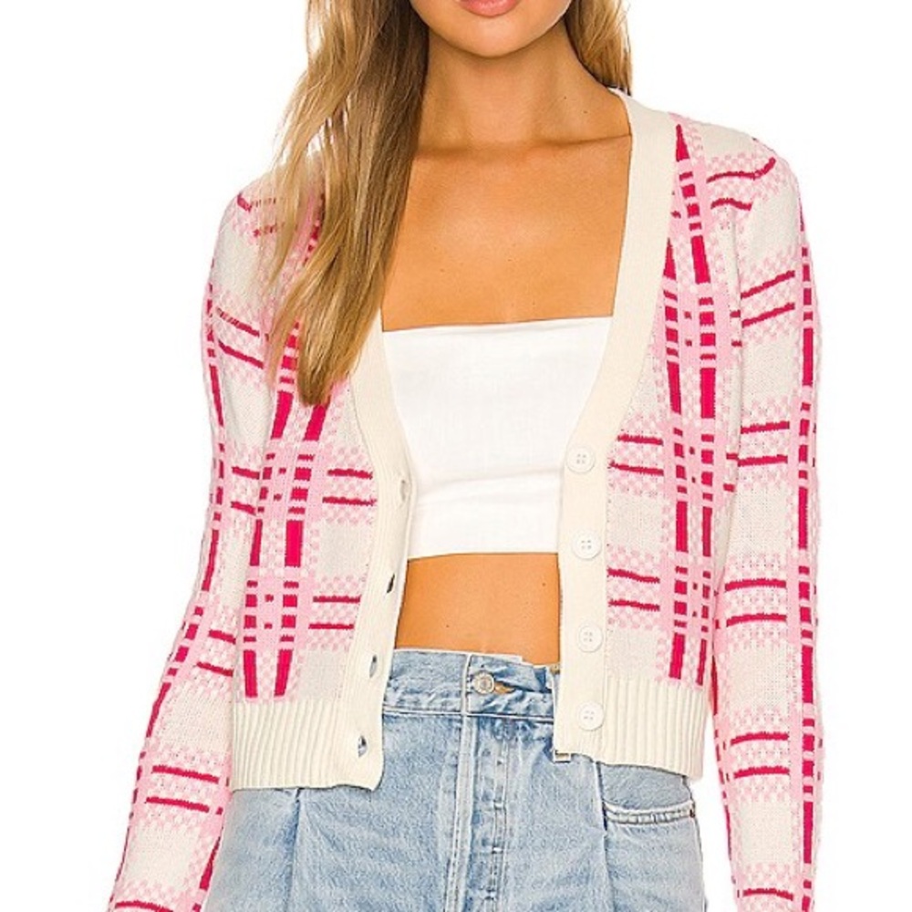 Central Park West Cream and Pink Plaid Cardigan